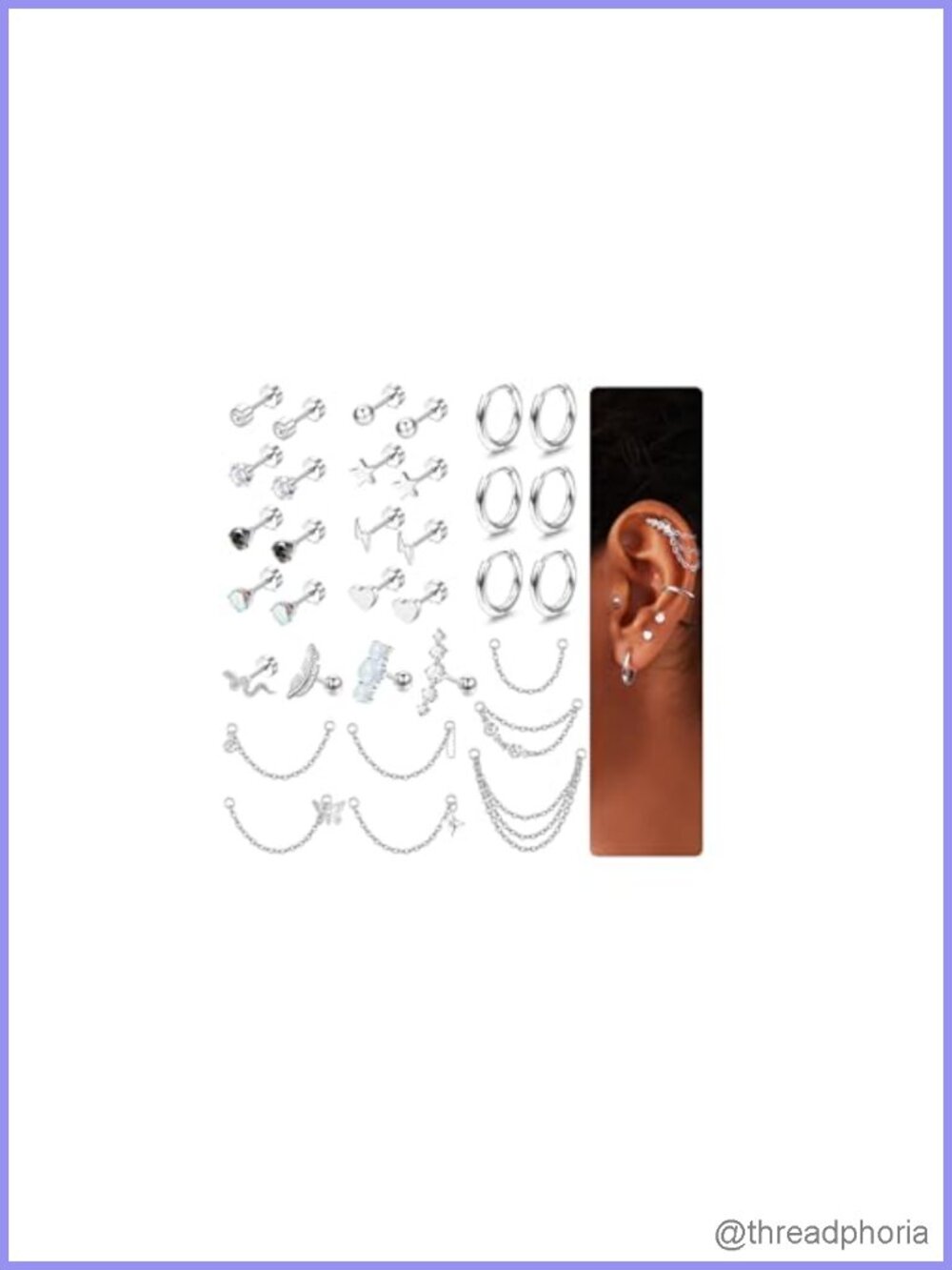 316L Surgical Steel Flat Back Earrings CZ Opal Chain Cartilage Set